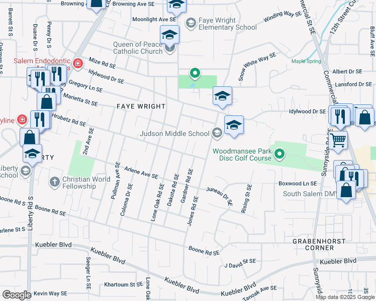 map of restaurants, bars, coffee shops, grocery stores, and more near 447 Hrubetz Road Southeast in Salem