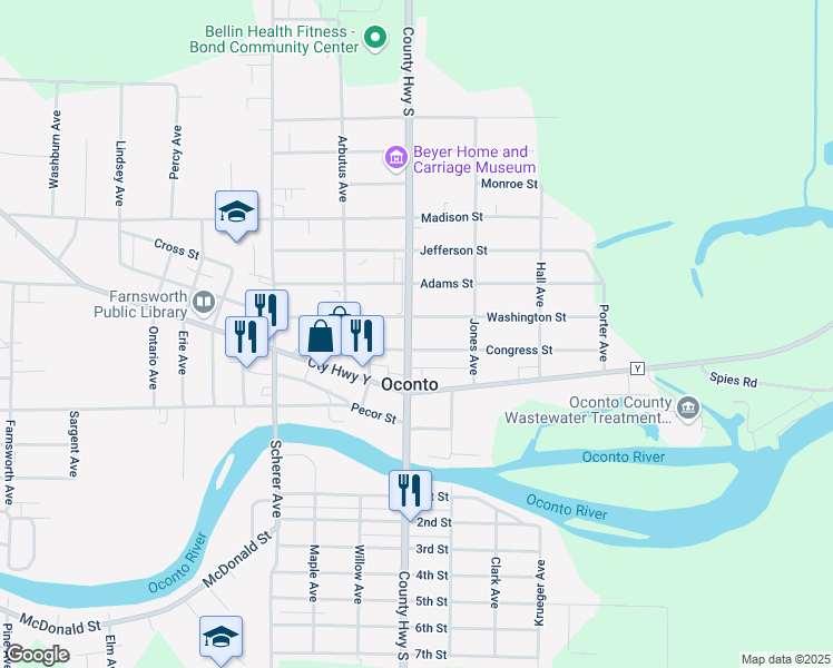 map of restaurants, bars, coffee shops, grocery stores, and more near 408 Park Avenue in Oconto