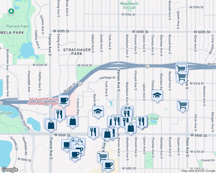 map of restaurants, bars, coffee shops, grocery stores, and more near 6300 York Avenue South in Edina