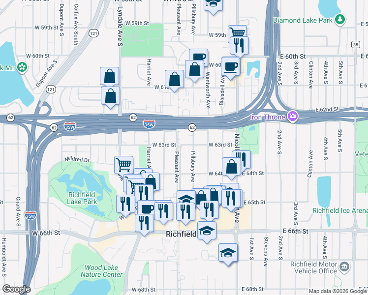 map of restaurants, bars, coffee shops, grocery stores, and more near 6301 Pleasant Avenue in Minneapolis