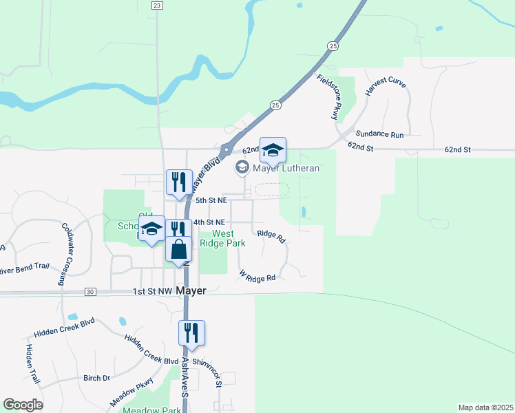 map of restaurants, bars, coffee shops, grocery stores, and more near 404 5th Street Northeast in Mayer