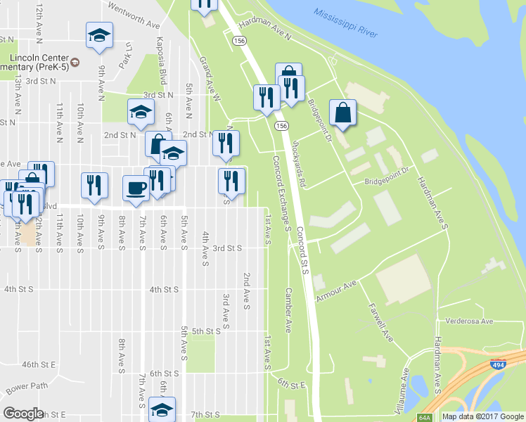 map of restaurants, bars, coffee shops, grocery stores, and more near 144 Concord Exchange South in South Saint Paul