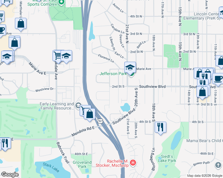 map of restaurants, bars, coffee shops, grocery stores, and more near 2301 Kraft Street in South Saint Paul