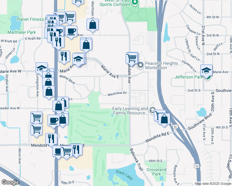 map of restaurants, bars, coffee shops, grocery stores, and more near 285 Westview Drive in West Saint Paul