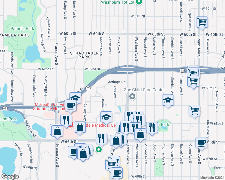 map of restaurants, bars, coffee shops, grocery stores, and more near 6300 York Avenue South in Edina
