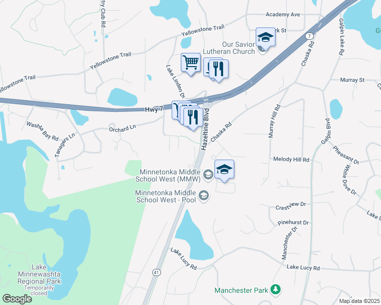 map of restaurants, bars, coffee shops, grocery stores, and more near 6330 Hazeltine Boulevard in Excelsior