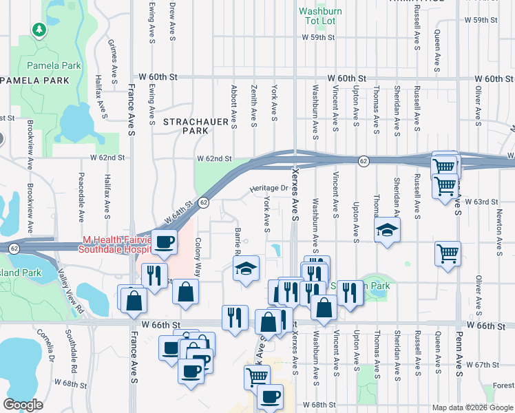 map of restaurants, bars, coffee shops, grocery stores, and more near 6300 York Avenue South in Minneapolis