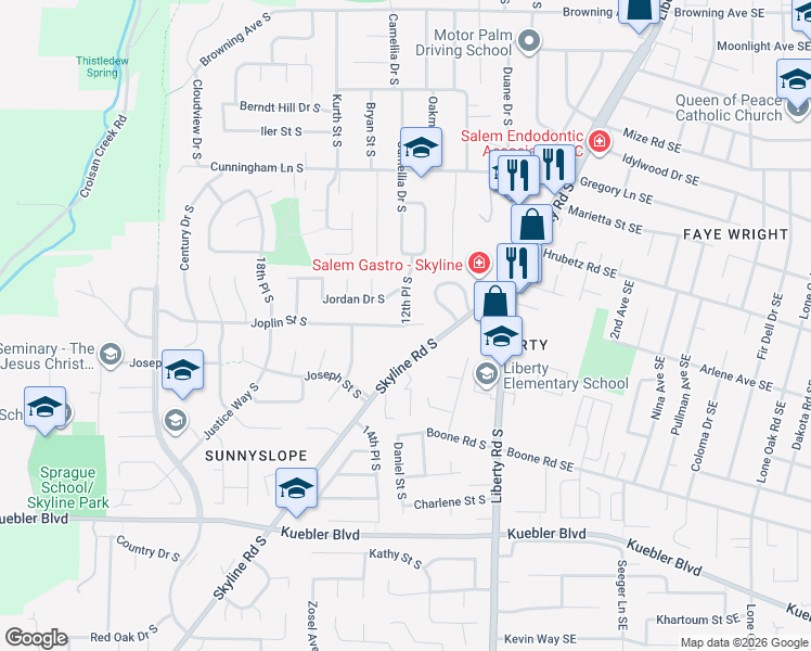 map of restaurants, bars, coffee shops, grocery stores, and more near 1190 Joplin Street South in Salem