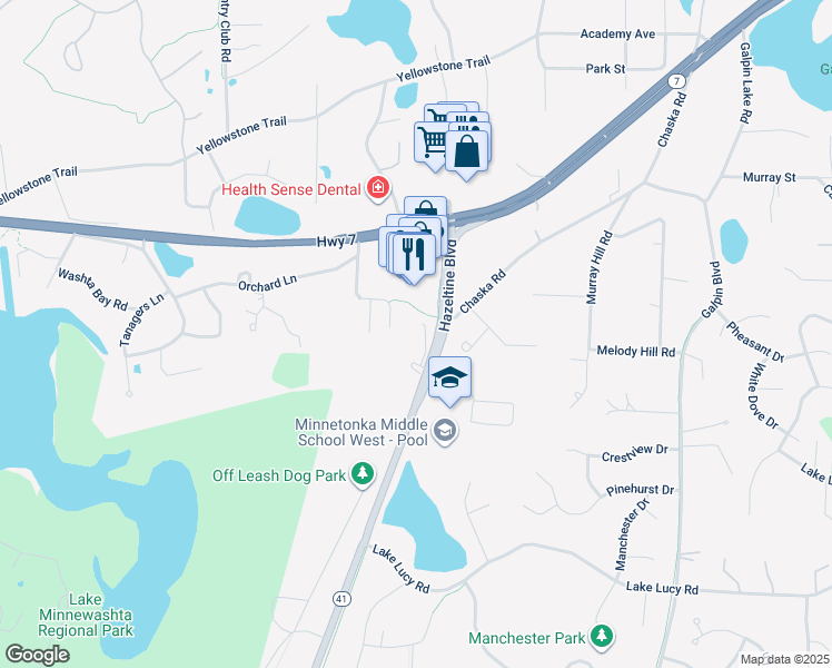 map of restaurants, bars, coffee shops, grocery stores, and more near 6330 Hazeltine Boulevard in Excelsior