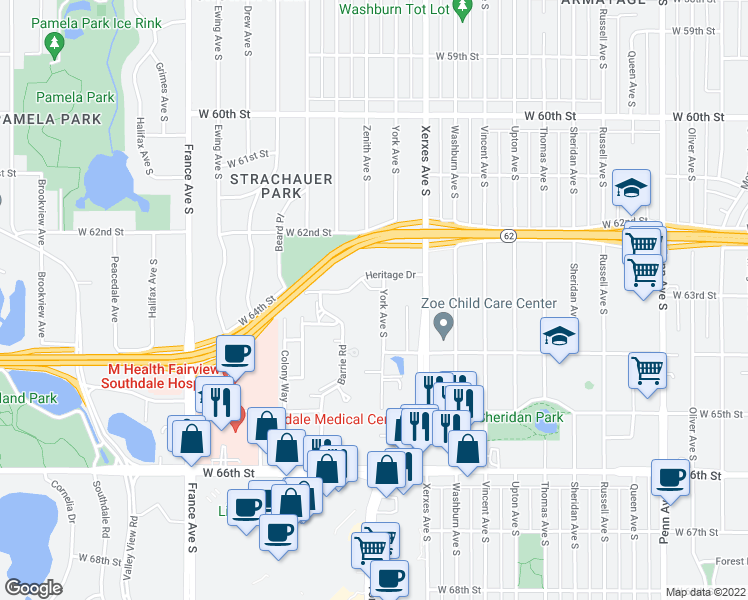 map of restaurants, bars, coffee shops, grocery stores, and more near 6300 York Avenue South in Edina