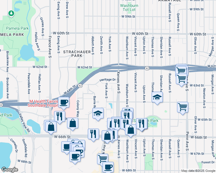 map of restaurants, bars, coffee shops, grocery stores, and more near 6300 York Avenue South in Edina