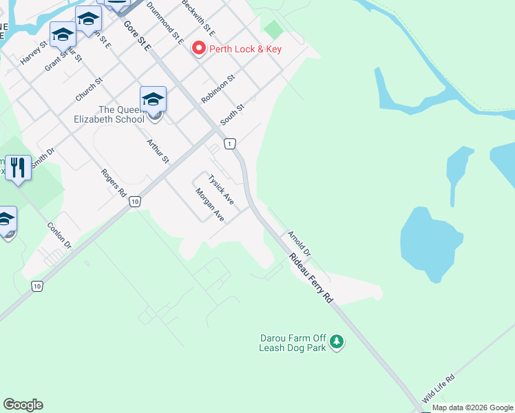 map of restaurants, bars, coffee shops, grocery stores, and more near 3004 Rideau Ferry Road in Perth