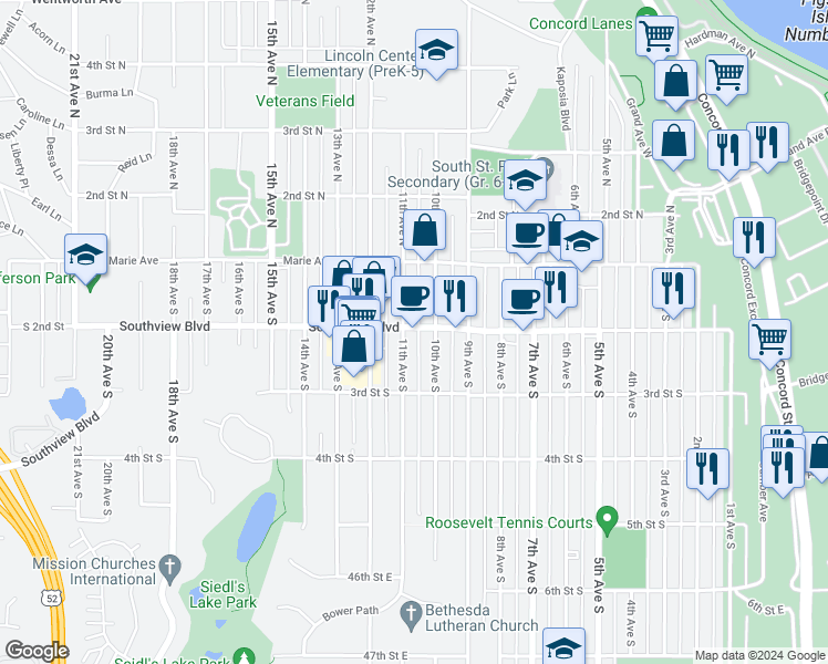 map of restaurants, bars, coffee shops, grocery stores, and more near 1008 County Road 14 in South Saint Paul
