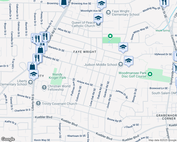 map of restaurants, bars, coffee shops, grocery stores, and more near 350 Hrubetz Road Southeast in Salem