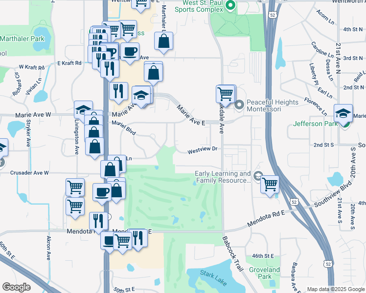 map of restaurants, bars, coffee shops, grocery stores, and more near 275 Westview Drive in Saint Paul