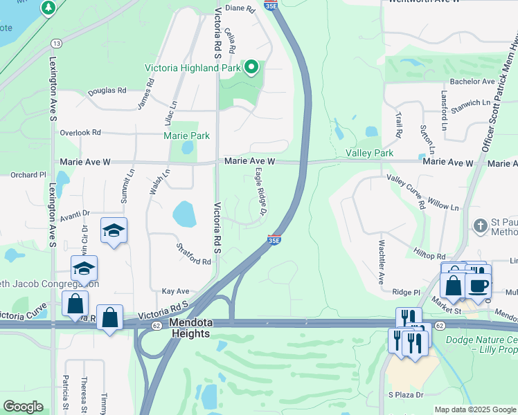map of restaurants, bars, coffee shops, grocery stores, and more near 1841 Eagle Ridge Drive in Mendota Heights