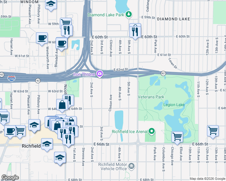 map of restaurants, bars, coffee shops, grocery stores, and more near 6245 Clinton Avenue in Richfield