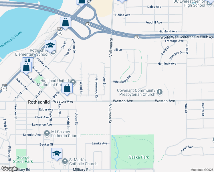 map of restaurants, bars, coffee shops, grocery stores, and more near 207 Lee Street in Rothschild