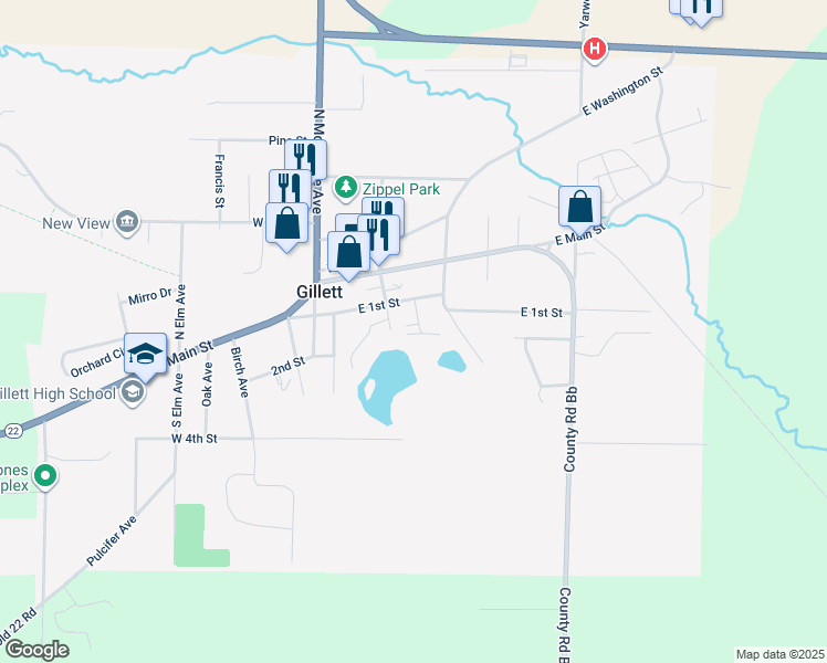 map of restaurants, bars, coffee shops, grocery stores, and more near 108 South Franklin Street in Gillett