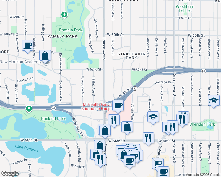 map of restaurants, bars, coffee shops, grocery stores, and more near 6301 France Avenue South in Edina