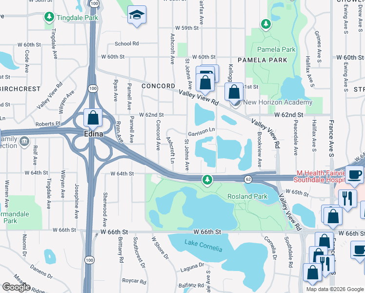 map of restaurants, bars, coffee shops, grocery stores, and more near 6308 Saint Johns Avenue in Edina
