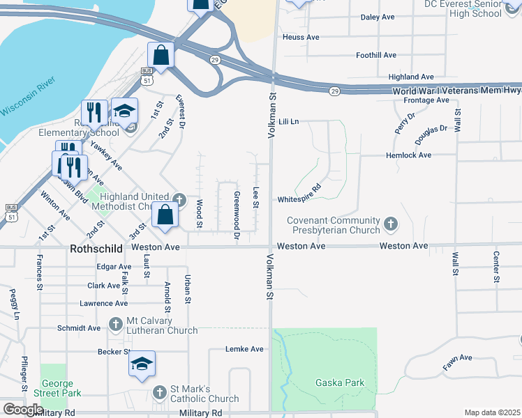 map of restaurants, bars, coffee shops, grocery stores, and more near 207 Lee Street in Rothschild