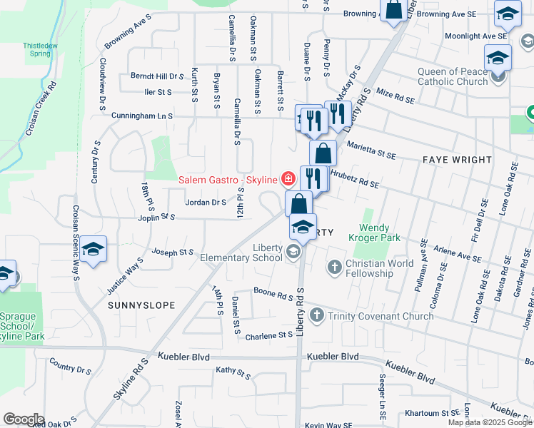 map of restaurants, bars, coffee shops, grocery stores, and more near 1192 Liberty Circle South in Salem