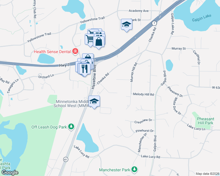 map of restaurants, bars, coffee shops, grocery stores, and more near 2300 Melody Hill Road in Excelsior
