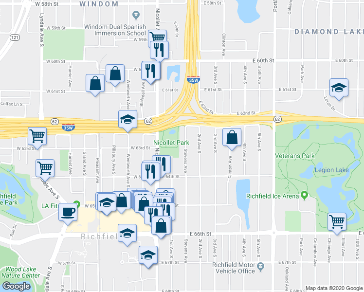 map of restaurants, bars, coffee shops, grocery stores, and more near 6244 Stevens Avenue in Minneapolis