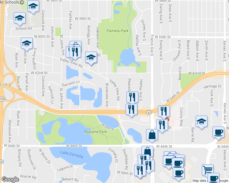 map of restaurants, bars, coffee shops, grocery stores, and more near 4229 Valley View Road in Minneapolis