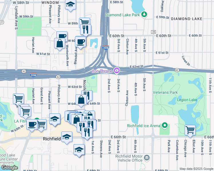map of restaurants, bars, coffee shops, grocery stores, and more near 6244 2nd Avenue South in Richfield