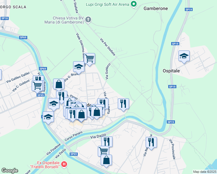 map of restaurants, bars, coffee shops, grocery stores, and more near 19 Via XXV Aprile in Bondeno