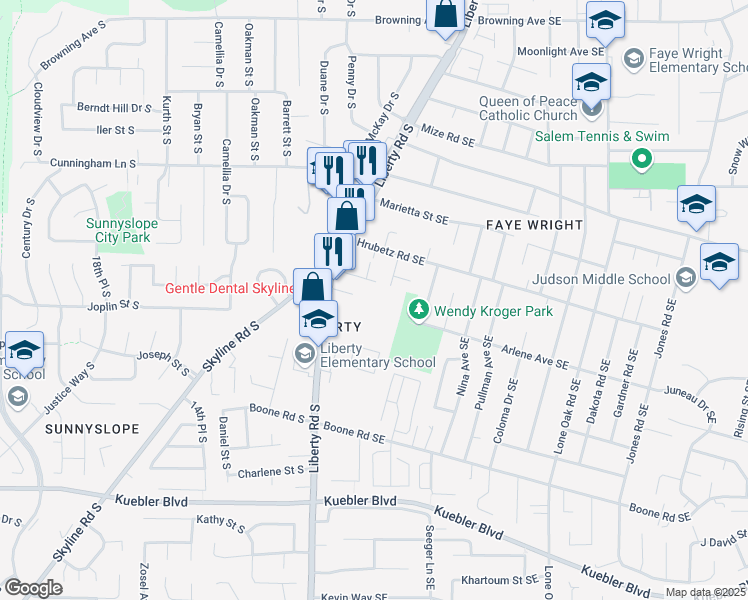 map of restaurants, bars, coffee shops, grocery stores, and more near 162 Pembrook Street Southeast in Salem