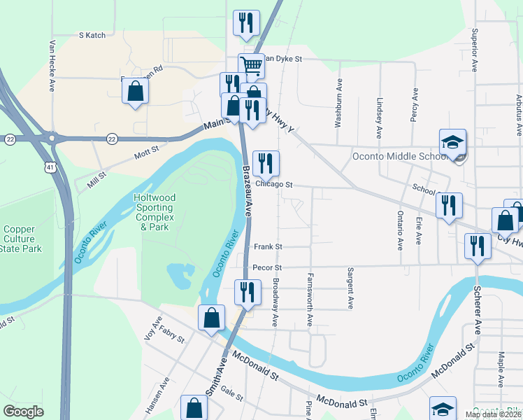 map of restaurants, bars, coffee shops, grocery stores, and more near 552 Brazeau Avenue in Oconto