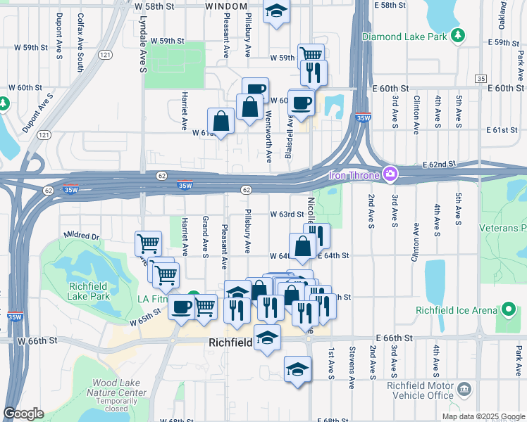 map of restaurants, bars, coffee shops, grocery stores, and more near in Richfield