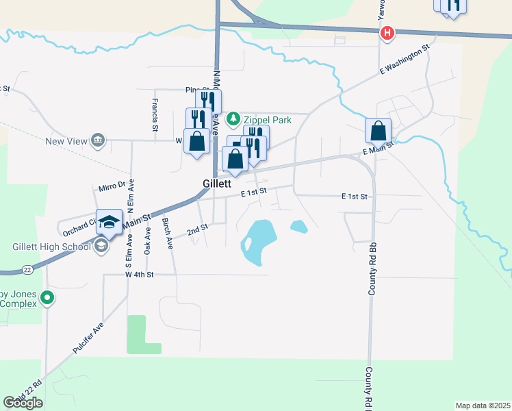 map of restaurants, bars, coffee shops, grocery stores, and more near 127 South Lake Street in Gillett