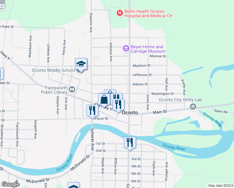 map of restaurants, bars, coffee shops, grocery stores, and more near 300 Washington Street in Oconto