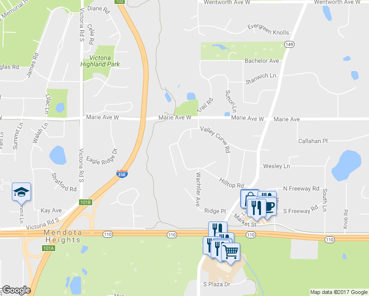 map of restaurants, bars, coffee shops, grocery stores, and more near 829 Hilltop Road in Mendota Heights