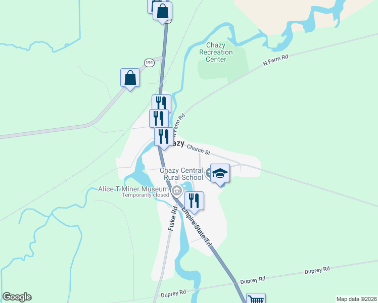 map of restaurants, bars, coffee shops, grocery stores, and more near 11 Hall Street in Chazy