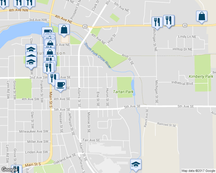 map of restaurants, bars, coffee shops, grocery stores, and more near 615 3rd Avenue Southeast in Hutchinson
