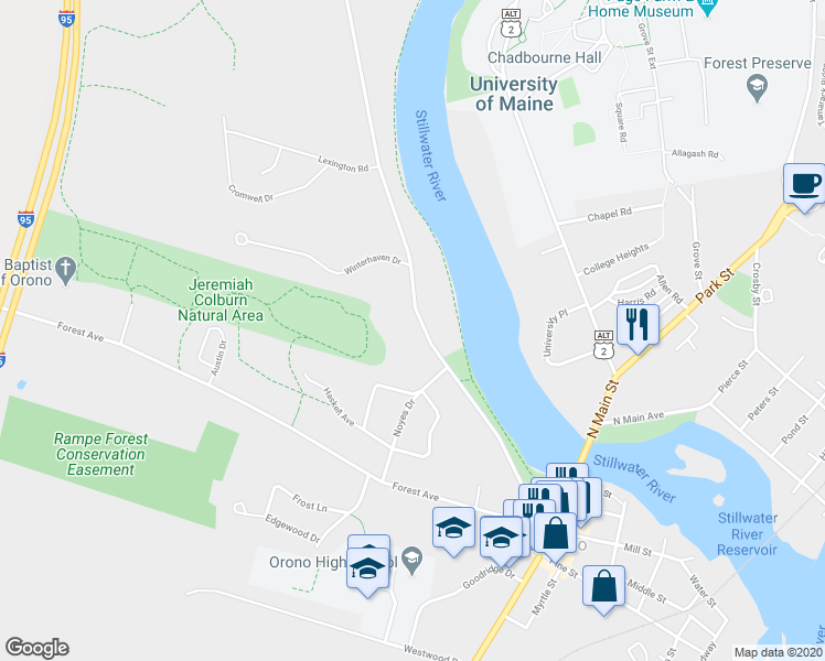 map of restaurants, bars, coffee shops, grocery stores, and more near 91 Bennoch Road in Orono