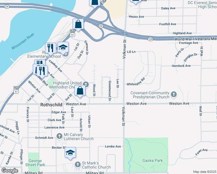 map of restaurants, bars, coffee shops, grocery stores, and more near 206 Greenwood Dr in Rothschild
