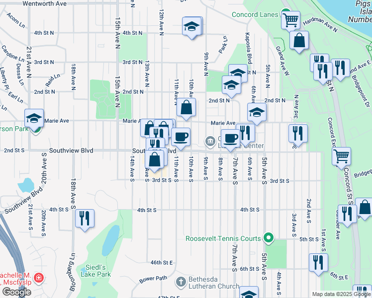map of restaurants, bars, coffee shops, grocery stores, and more near 1008 County Road 14 in South Saint Paul