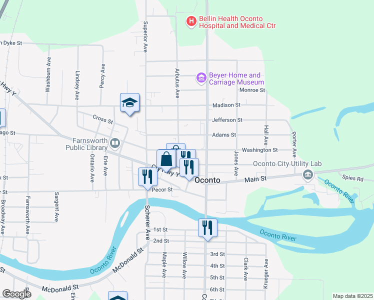 map of restaurants, bars, coffee shops, grocery stores, and more near 300 Washington Street in Oconto
