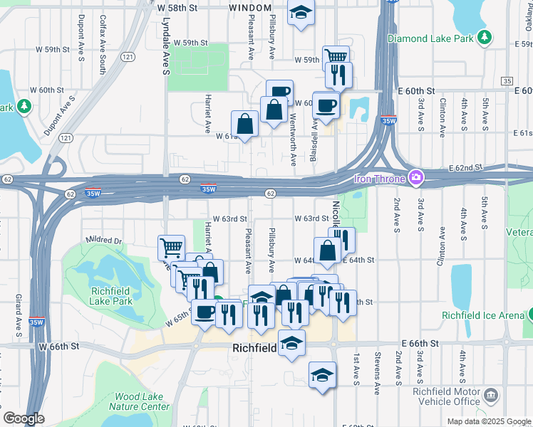 map of restaurants, bars, coffee shops, grocery stores, and more near 6234 Pillsbury Avenue in Minneapolis