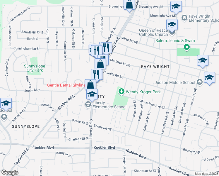 map of restaurants, bars, coffee shops, grocery stores, and more near 162 Pembrook Street Southeast in Salem