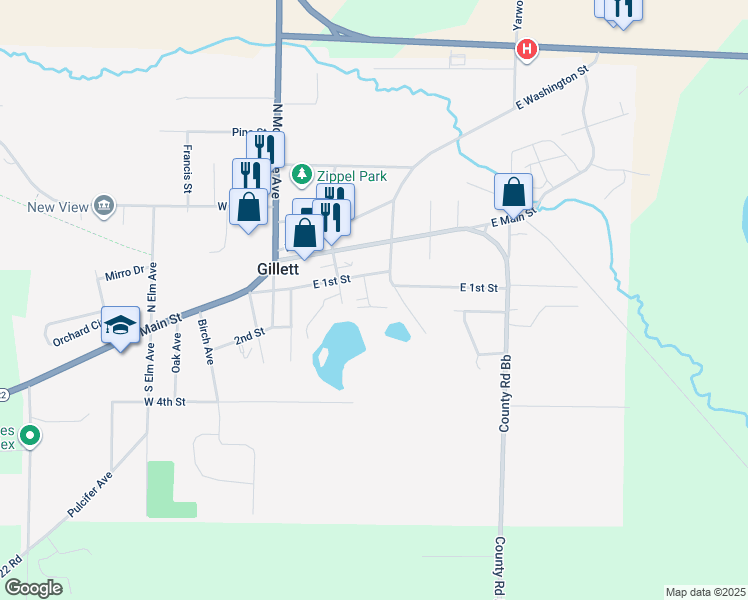 map of restaurants, bars, coffee shops, grocery stores, and more near 108 South Franklin Street in Gillett
