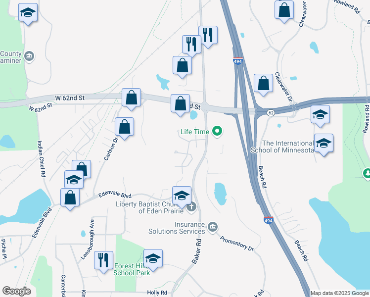 map of restaurants, bars, coffee shops, grocery stores, and more near 6341 Saint John's Drive in Eden Prairie