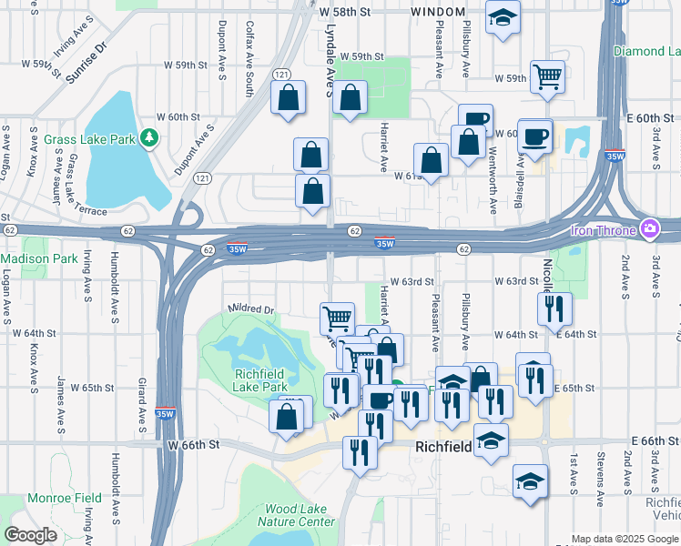 map of restaurants, bars, coffee shops, grocery stores, and more near 6245 Lyndale Avenue South in Richfield