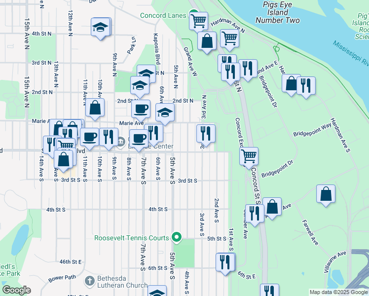 map of restaurants, bars, coffee shops, grocery stores, and more near 400 Southview Boulevard in South St. Paul